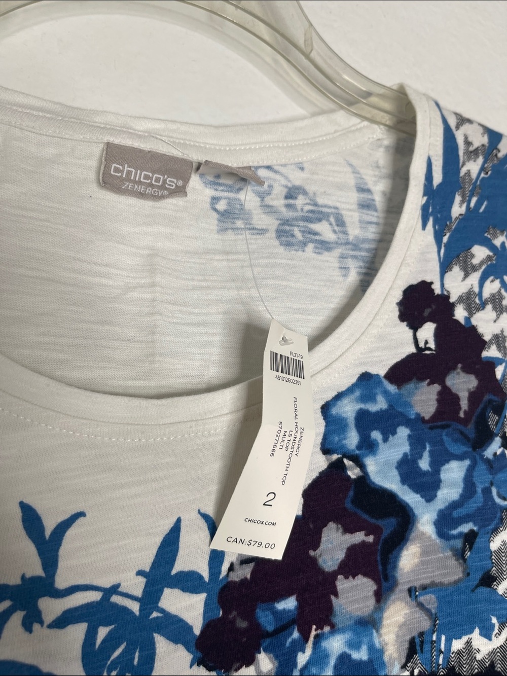 New Chico's Zenergy Floral Houndstooth 100% Cotton Long Sleeve Top Size 2 12/14 - Picture 2 of 5